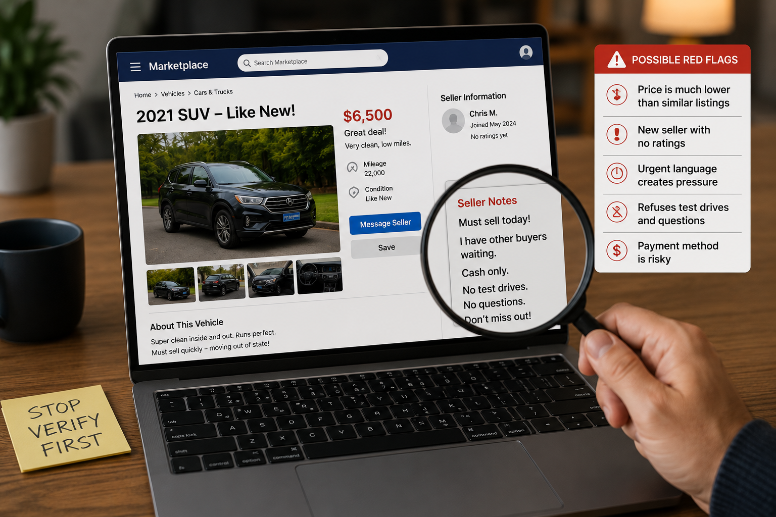 Suspicious online vehicle listing with red flags highlighted
